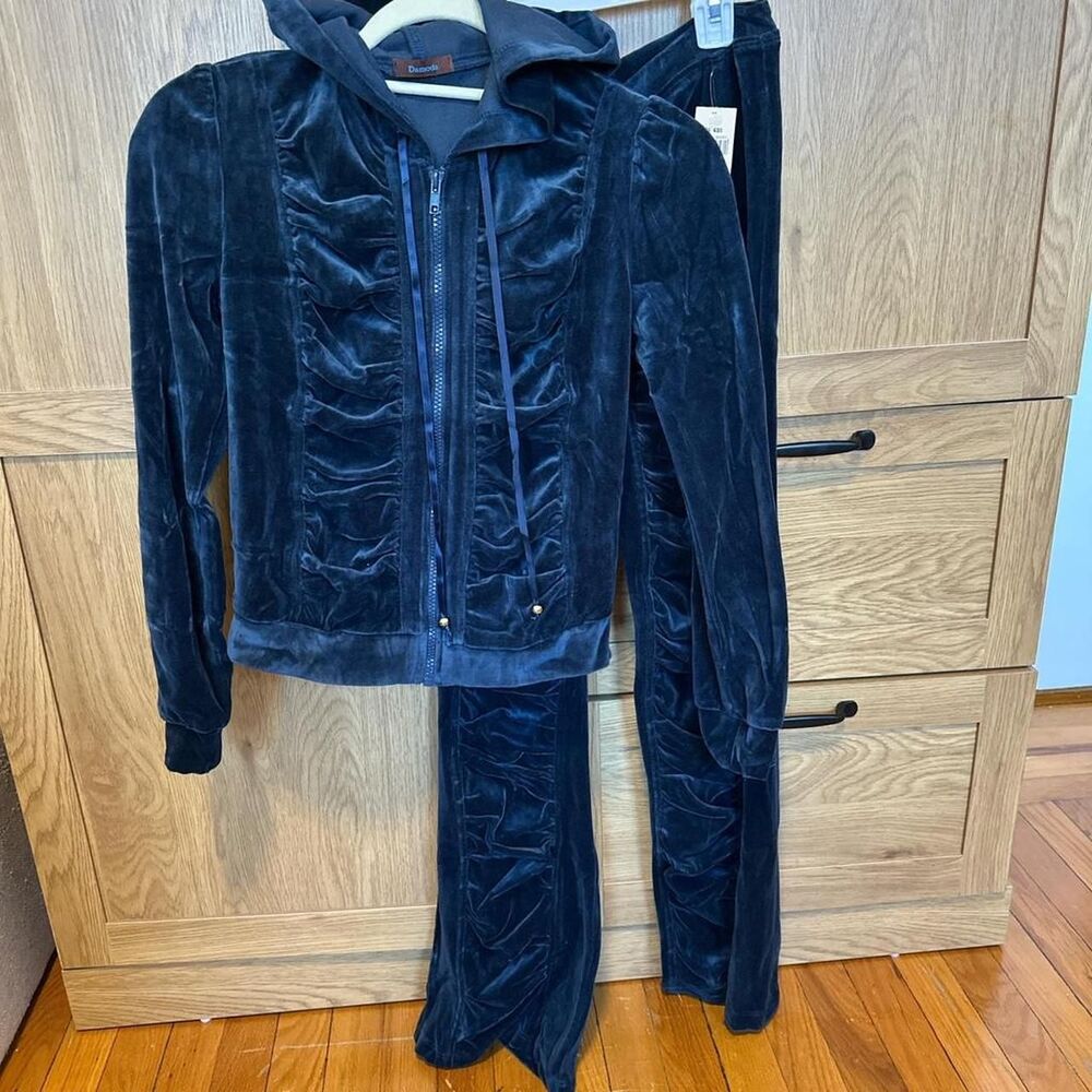 Damoda Navy Blue Velour Tracksuit Set Ruched Zip Hoodie Flare Pants Y2K